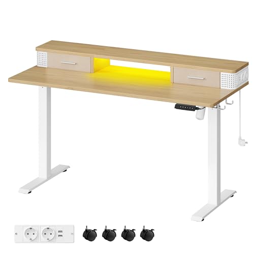 Secretária VASAGLE Regulável em Altura com Suporte de Ecrã (Castanho - 140x60x72-120cm) VASAGLE - Computadores - regulável em altura, suporte de ecrã, castanho, 140x60x72-120cm