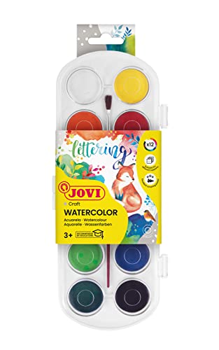 Kit de Desenho Jovi Watercolor Set 12 Pcs Jovi - Tinta - 12 aquarelas, cores vivas, pote escova, secagem rápida