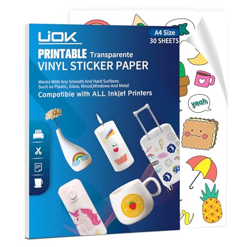 UIOK Papel pegatinas para imprimir A4, papel adhesivo transparente vinilico UIOK - Papel de impressora e copiadora - transparente, vinílico, a4, jato de tinta
