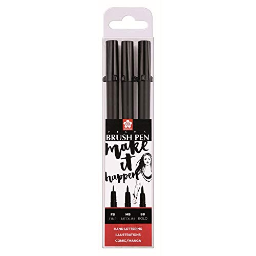 Marcador TALENS Pigma Brush Pen Preto (3 Un) Sakura - Canetas - tinta pigmentada, resistente à água, pincel, escrita flexível