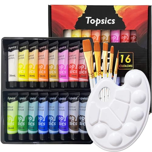 Topsics Acrylic Paint Set with 5 Brushes and Palette Topsics - Tinta, tinta de arte e esmalte - Acrylic, pintura, kit, 5 pincéis, paleta