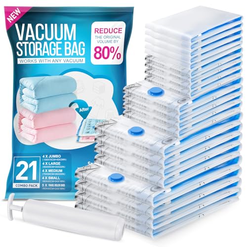 Bolsas de Armazenamento Vácuo 21 Peças 4Xl+4L+4M+4S+5Enrolada à Mão MEIQIHOME - Sacolas de armazenamento doméstico - alta, 21 peças, múltiplos tamanhos, armazenamento