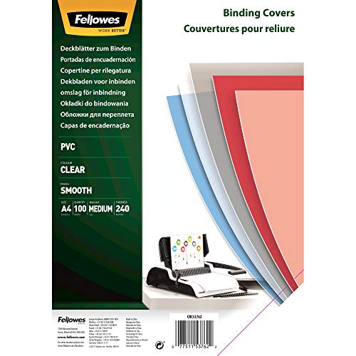Pack 100 Capas para Encadernação FELLOWES 53762 A4 Fellowes - Papel de capa - pvc, transparente, a4, 240 micras