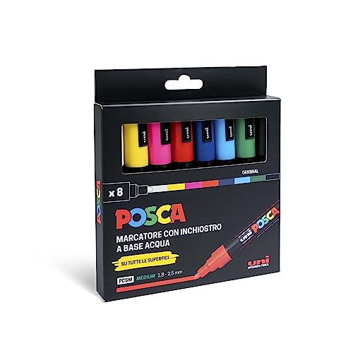 Canetas POSCA UniPosca 8 Cores (Multicor) Mitsubishi Pencil CO., LTD - Marcadores e marcadores de texto - tinta à base de água, inodora, resistente ao calor, super-lavável