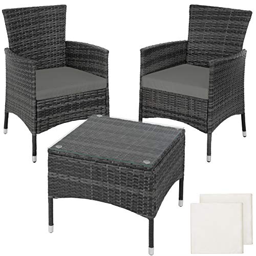 Conjunto de Jardim TECTAKE Luzern (Cinzento - Poli-Rattan - 60x56x83 cm) TecTake - Móveis de exterior - poli-rattan, 2 assentos, mesa extraível, almofadas removíveis