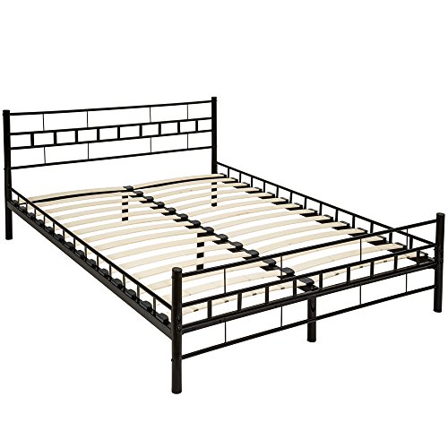Cama de Casal com Cabecote e Pés de Aço e com Coluna de Lâminas de Madeira 200X140Cm Preto TecTake - Conjuntos de móveis - metal, coluna lâminas, 200x140cm, preto