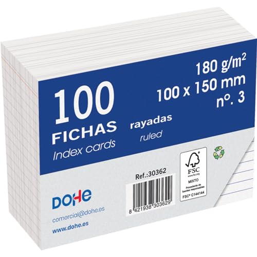 Folhas de Papel para Anotações DOHE 100 Unidades DOHE - Fichas de índice - cartulina, 180 g/m², linhas rayadas