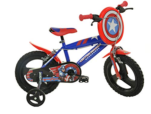 Bicicleta Infantil DISFRAZZES Bicicleta Dino Captain America (Azul e Vermelho - 16 polegadas) Dino Bikes - Veículos de empurrar e pedalar - 16 polegadas, assento regulável, freio, pedais