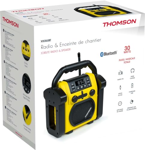 Rádio Portátil THOMSON WKR50BT (Preto - Digital - Pilhas) Thomson - Áudio - rádio portátil, sintonizador analógico FM, entrada AUX 3,5 mm, bluetooth, porta USB, resistente ao pó, resistente à água IP54