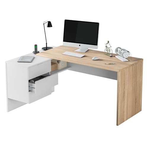 Secretária INNOVATION HOME FURNISH BUCEX74CAN (Carvalho - Aglomerado de Partículas e Branco - 73 x 145 x 70 cm) Habitdesign - Mesas - carvalho, aglomerado, partículas, branco