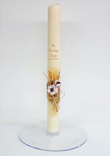 Vela de Cerejeira e Fita de Ponta para Batismo FIESTADEKOR PLAS GRAFIC - Velas - cera branca, batismo, personalizável, fita floral