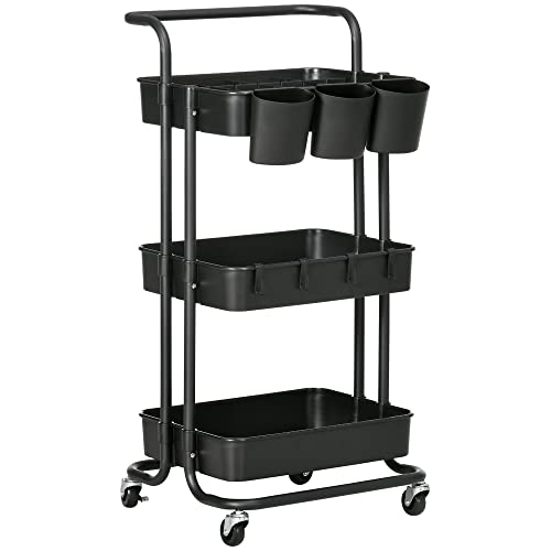 Carrinho de Cozinha HOMCOM | 4 Ganchos | 3 Cestos Amovíveis | 3 Cestos Suspensos e Travões | 42 x 38 x 86.5 cm - Preto HOMCOM - Carrinhos de cozinha e jantar - 4 ganchos, 3 cestos amovíveis, 3 cestos suspensos, travões