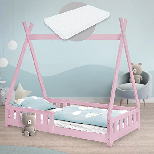 Cama Infantil ML-DESIGN Tipi (Rosa - Espuma - 80x160 cm) ML DESIGN modern living - Camas e estruturas de cama - madeira natural, teto aberto, proteção quedas, colchão incluído