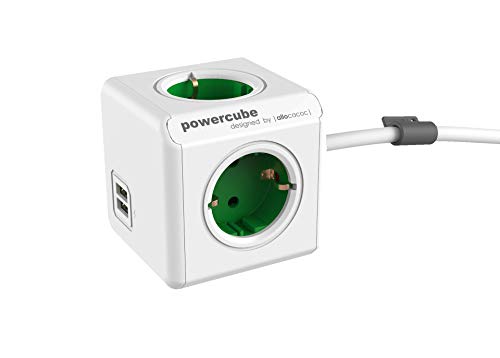 Extensão Elétrica ALLOCACOC PowerCube Original em Verde Allocacoc - Fios de extensão - extensão elétrica, 4 tomadas, 2 usb, cabo 15m