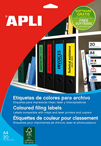 Etiqueta autocolante APLI 1374 (Classificação e Arquivo) APLI - Papel de impressora e copiadora - amarelo, 190 x 61 mm, adesivo permanente, 20 folhas