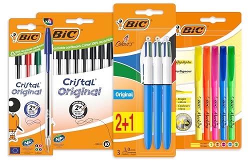 Esferográfica Bic Cristal+4 Marcadores Ponta Média BIC - Marcadores e marcadores de texto - esferográfica, bic cristal, marcadores, ponta média