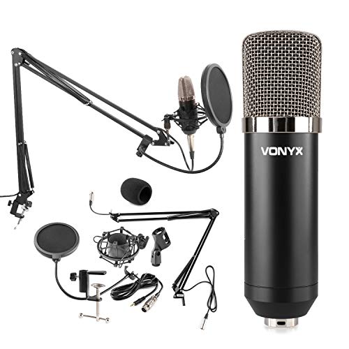Microfone condensador VONYX CMS400 (Preto) Vonyx - Microfones - microfone condensador, braço mesa ajustável, filtro anti-pop, amortecedor, placa dinâmica amplificada