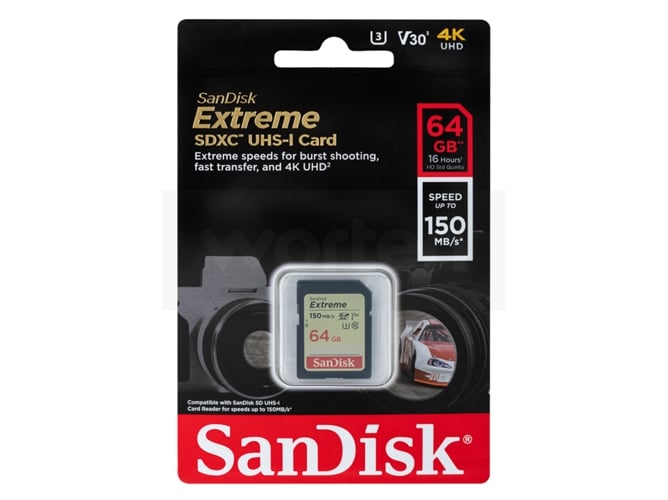 Cartão de Memória SANDISK EXTREME (64 GB, SDXC - 100 MB/s) Sandisk - Cartões de memória flash - 64 gb, SDXC, 100 MB/s