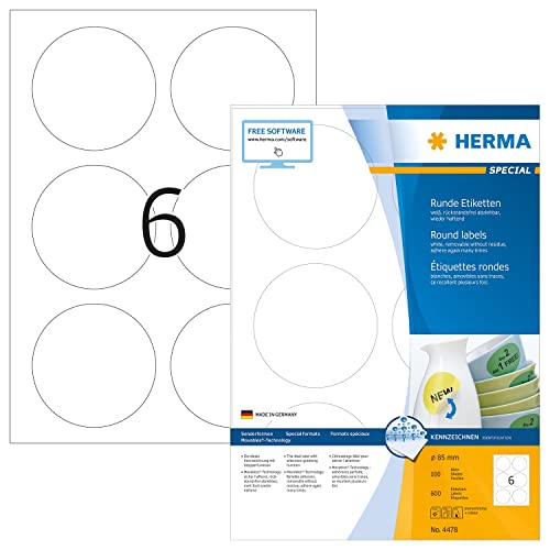 Herma Labels white ø 85mm Removable 600 pcs. HERMA - Papel de impressora e copiadora - branco, 85 mm, removível, 600 unidades