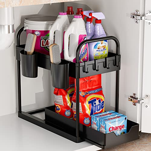 Organizador de Armários de Cozinha 2 Níveis com Prateleira Extraível e 4 Ganchos GEMWON - Organizadores de cozinha - 2 níveis, prateleira extraível, 4 ganchos, 40x17,5x50 cm