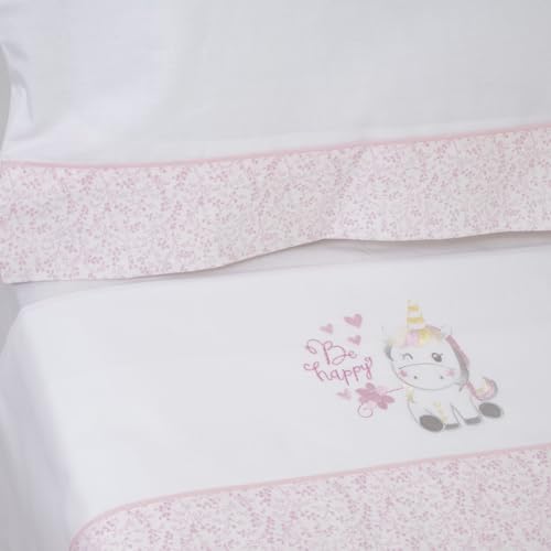 Conjunto de Lençóis para Berço UNICORNIO Rosa 10XDIEZ - Lençóis - algodão, bordados, ajustável, fronha