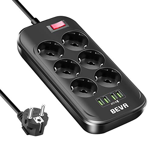 Extensão Elétrica BEVA 6 tomadas + 4 USB (Preto - 2m) BEVA - Fios e cabos elétricos - 6 tomas, 4 usb, 2m, sobreaquecimento
