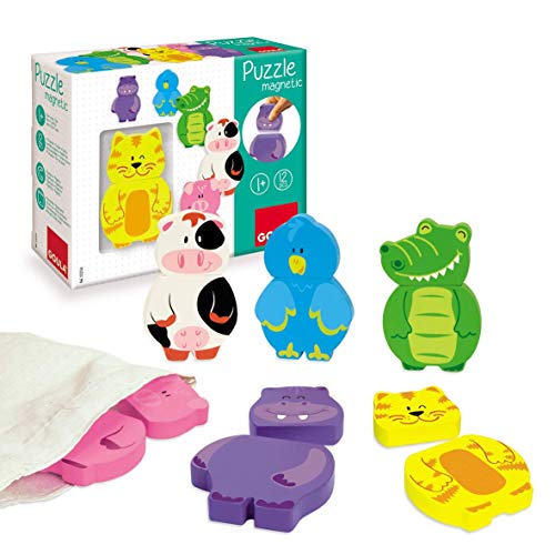 Puzzle 2D JUMBO Puzzle Animal Friends (Idade Mínima: 3) Goula - Quebra-cabeças de madeira e com pinos - puzzle magnético, animais divertidos, peças intercambiáveis, aprendizagem