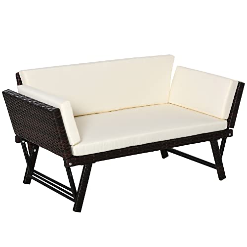 Sofá Conversível Outsunny | 129 x 66 x 79 cm - Castanho Outsunny - Móveis de exterior - sofá conversível, castanho, almofadas macias, estrutura de metal