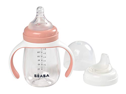 Beaba Biberão de Aprendizado 2 em 1 | Rosa Beaba - Biberões - 210 ml, 4 meses, impermeável, 2 em 1