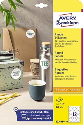 Etiquetas Autocolantes Avery 10 Circulars Brancos (120 Pontos) AVERY Zweckform - Papel de impressora e copiadora - branco, 57x32mm, resistente à água, reciclável