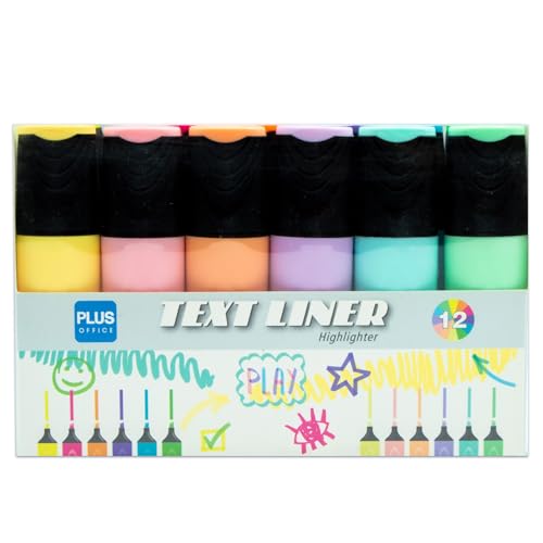 Marcador Fluorescente PLUS OFFICE 12 Cores PLUS OFFICE - Marcadores e marcadores de texto - 12 cores, tinta à base de água, corantes alimentares, ponta redonda