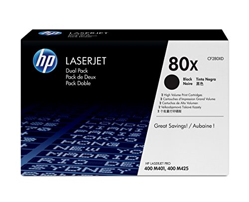 HP Pack of 2 Toner Cartridges 80X (CF280X) HP - Cartuchos de toner e jato de tinta - 6900 páginas, laser, preto, 2 cartuchos