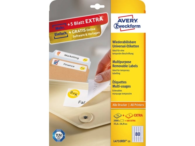 Etiquetas AVERY ZWECKFORM L4732REV-25 (Branco) Avery - Papel de impressora e copiadora - branco, a4, 350x170mm