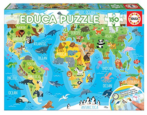 Puzzle Educa Animals Mapa do Mundo (150 peças) Educa Borrás - Quebra-cabeças de encaixar - 150 peças, mapa do mundo, animais, leões, elefantes
