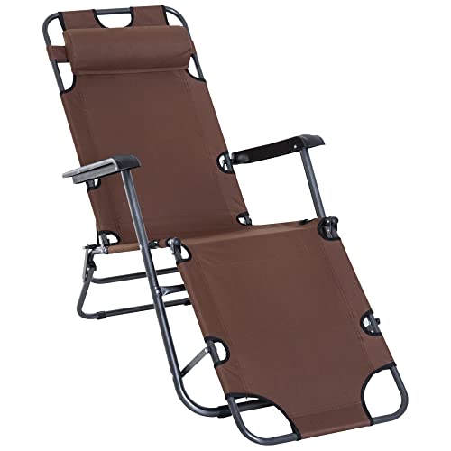 Espreguiçadeira Outsunny | Reclinável | Dobrável | Encosto Ajustável, Apoio de Braço, Apoio para Pés | Carga 136 kg | 135x60x89 cm - Castanho Outsunny - Móveis de exterior - reclinável, dobrável, encosto ajustável, apoio braço, apoio pés
