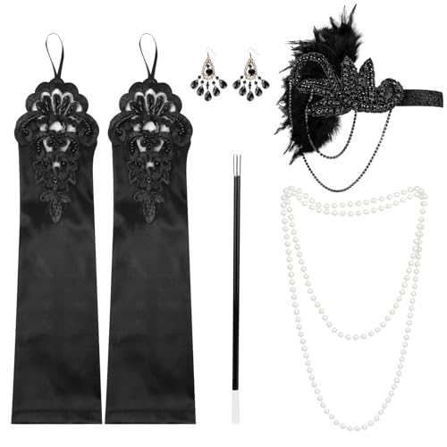 Conjunto de acessórios de carnaval DISFRAZZES Flapper (Tam: Tamanho Único) xlwen - Conjuntos de acessórios de fantasia - 5 peças, diadema, guantes, colar, tubo, pendente