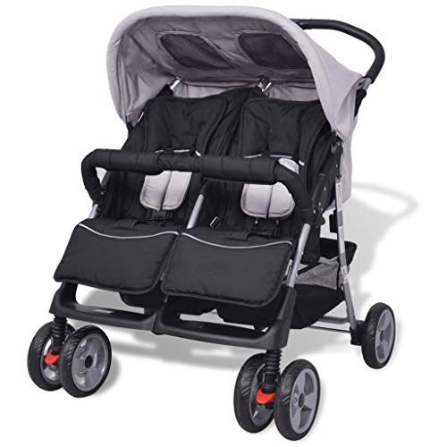 Carrinho de Bebé Duplo VDXRT | Cinza (Puericultura - Dormir) vidaXL - Móveis para bebês e crianças pequenas - duplo, cinzento, puericultura