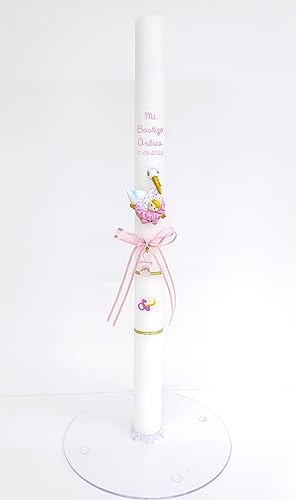 Vela Cirio Rosa para Batismo com Fita e Aplique de Criança PLAS GRAFIC - Velas - rosa, batismo, personalizável