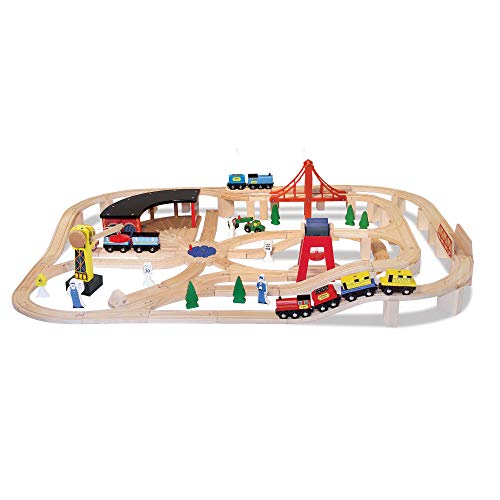 Jogo Tradicional MELISSA & DOUG Wooden Railway Set (3 anos) Melissa & Doug - Comboios de brincar e conjuntos de comboios - trens, comboios, peças de ferro, árvores