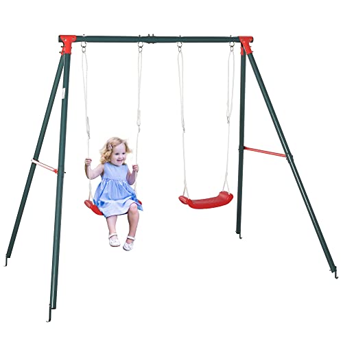 Conjunto de Baloiços Duplos Outsunny | 220 x 160 x 180 cm - Verde e Vermelho Outsunny - Móveis de exterior - baloiços duplos, estrutura metálica, verde vermelho, assento ergonómico