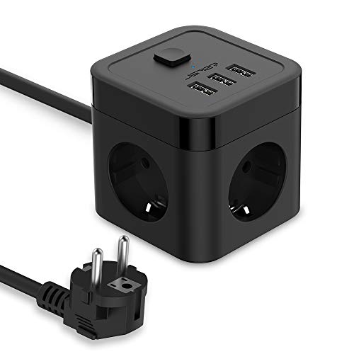 Extensão Elétrica JSVER Cube (3 Tomadas - Tipo F - Preto) J&V Technologie GmbH - Filtros de linha e supressores de surtos - 3 tomadas, 3 portas usb, 16A, 3680W