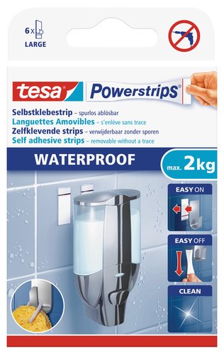 Pack 2 Postes Adesivos TESA Powerstrips Large Waterproof TESA - Fitas adesivas de escritório - resistente à água, fácil de aplicar, extraível, aderência máxima