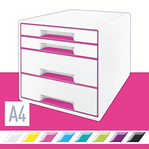 Arquivador LEITZ WOW Cube 4 Gavetas Rosa (27 x 28.7 x 36.3 cm) Leitz - Gavetas de armazenamento doméstico - rosa, alumínio, plástico, 4 gavetas