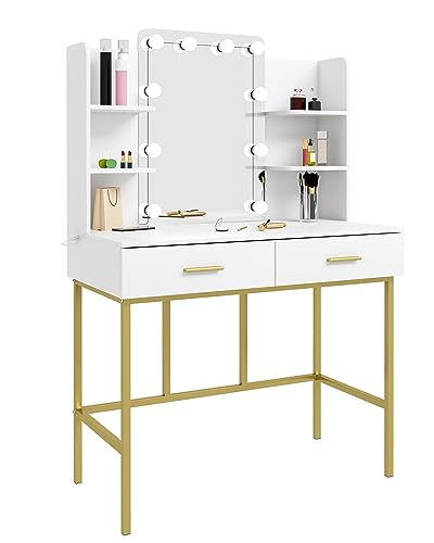 Mesa de Maquilhagem WOLTU com Espelho e 10 Lâmpadas LED (Branco - Madeira e Metal) WOLTU - Mesas de Jantar - espelho, lâmpadas LED, madeira, metal