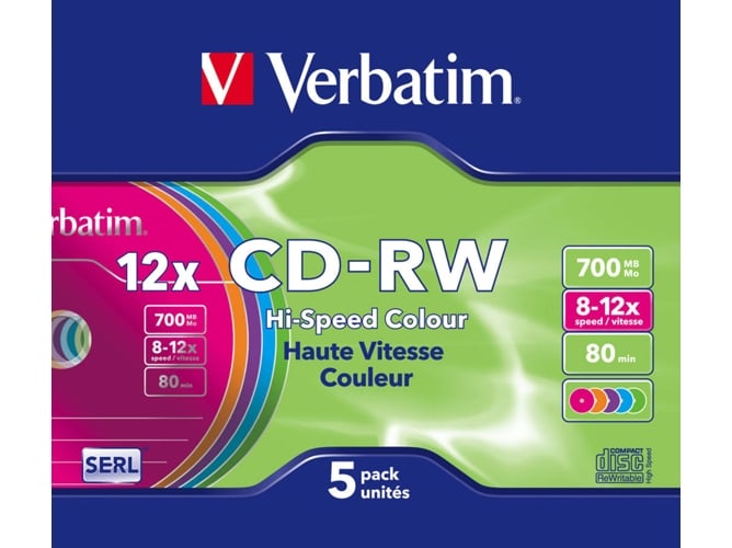 Disco de CD Verbatim CD-RW 700MB 12x Pack 5 uni Colourful Slim JC Verbatim - Mídias vazias - 700 MB, 12x, pack 5, colorful