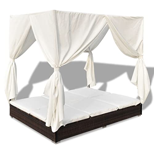 Espreguiçadeira com Chapéu e Cortina de Rattan VidaXL Castanho (Recondicionado Como Novo) vidaXL - Móveis de exterior - reconhecido como novo, rattan, chapeu, cortina