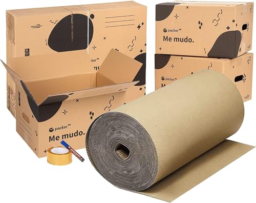 Conjunto 5 Caixas de Cartão Packer Pro Eco Packer PRO - Fita adesiva de ferragens - 5 caixas, cartão rígido, utensílios, compartimento