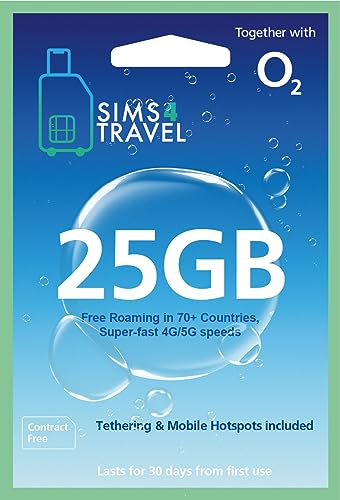 Cartão SIM O2 Traveler Preto com Dados e 4G/5G Sims4Travel - Cartões pré-pagos e cartões sim para celular - 25 GB, 4g/5g, 70 países, renovável
