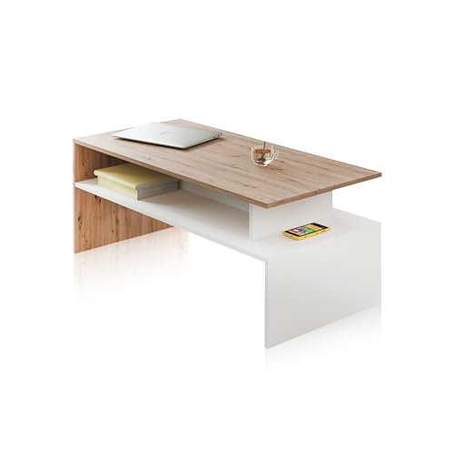 Mesa de Centro DUEHOME Iris (Branco - Aglomerado e Madeira - 108x50x43 cm) duehome - Mesas de centro - aglomerado, madeira, 108x50x43 cm, branco