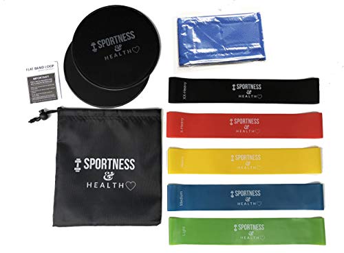 Kit de Fisioterapia para Exercícios 5 Bandas Elásticas e 2 Discos Deslizantes Sports & Health - Bandas de exercício - 5 bandas elásticas, 2 discos deslizantes, fisioterapia